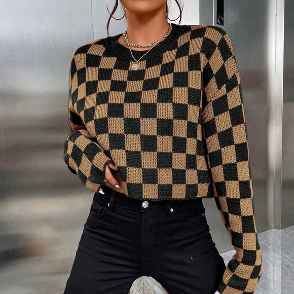 Brown Preppy womens Checkered Pattern Drop Shoulder Sweater - Picture 5 of 5